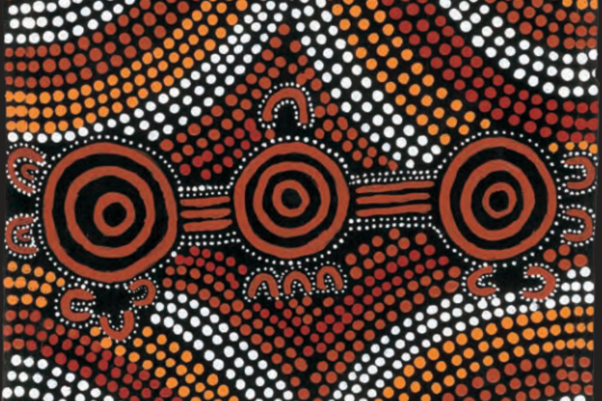 An Aboriginal dot painting featuring three concentric circles connected by horizontal lines, set against a black background filled with flowing patterns of white, orange and red dots.